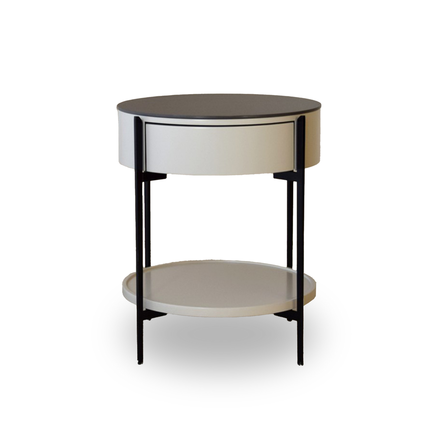 José Black Sintered Stone Side Table with matte black frame, drawer, and shelf