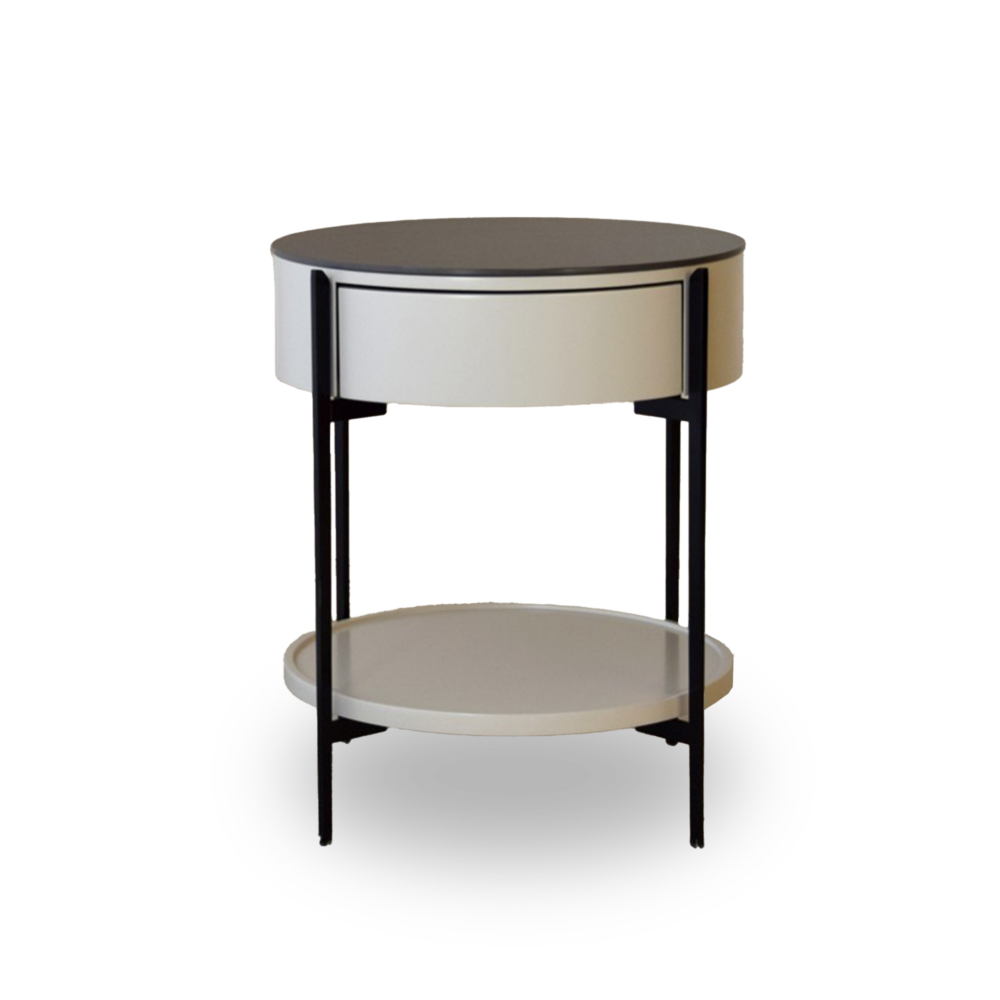 José Black Sintered Stone Side Table with matte black frame, drawer, and shelf