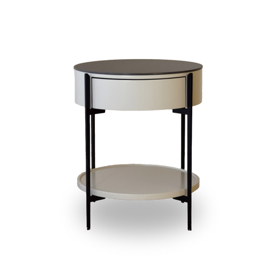 José Black Sintered Stone Side Table with matte black frame, drawer, and shelf