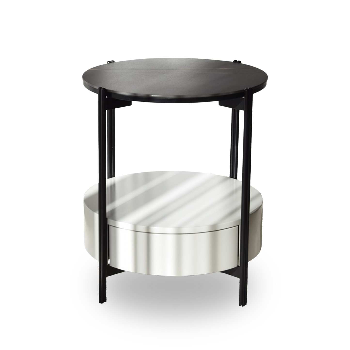 Luis Sintered Stone Black Side Table with round top, matte black frame, and lower drawer