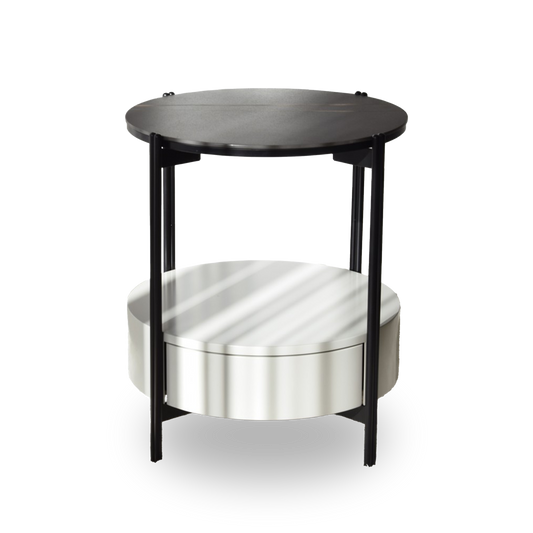 Luis Sintered Stone Black Side Table with round top, matte black frame, and lower drawer