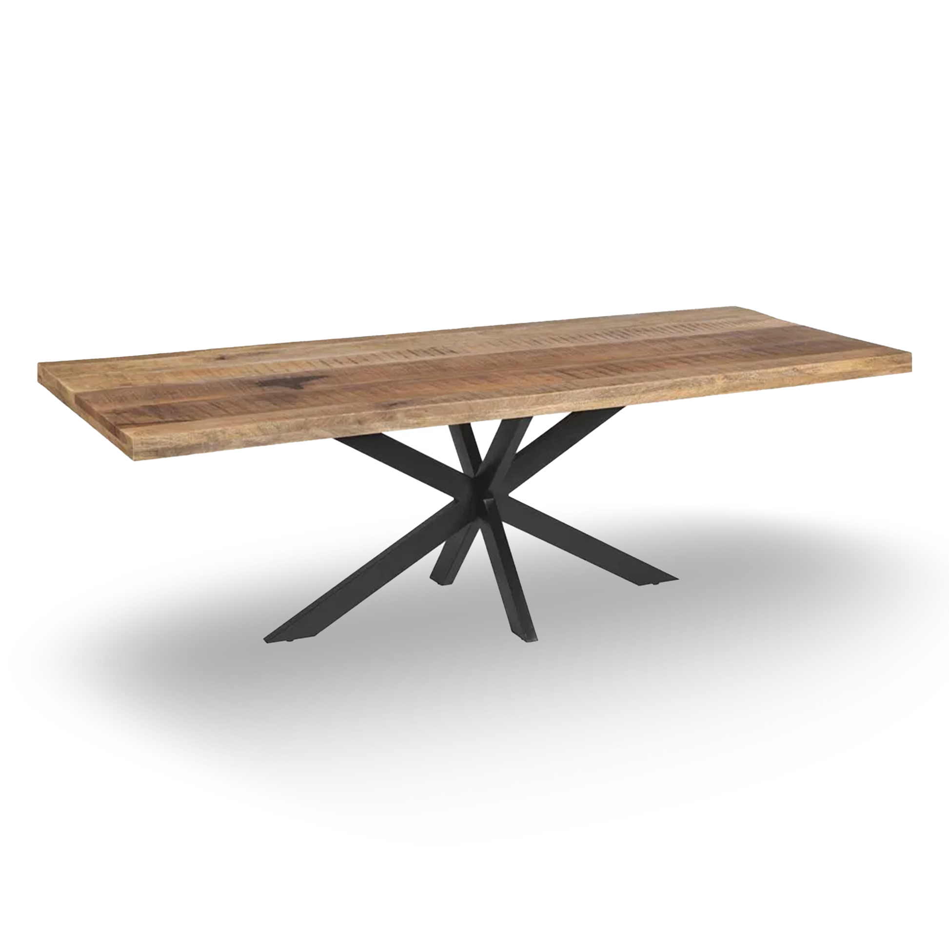 Enzo Dining Table Natural-Black with large wood top and black iron starburst base, 240 x 100 cm