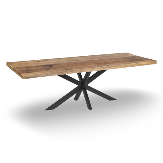 Enzo Dining Table Natural-Black with large wood top and black iron starburst base, 240 x 100 cm