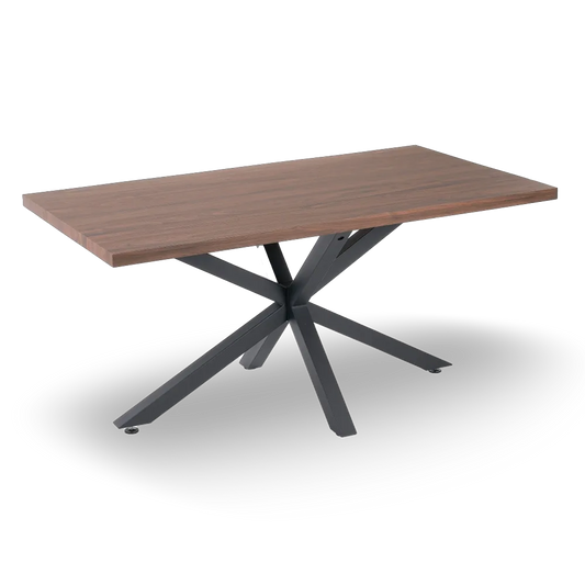 Diego Dining Table Brown-Black with wood-look MDF top and black star-shaped metal base, 160 x 90 cm