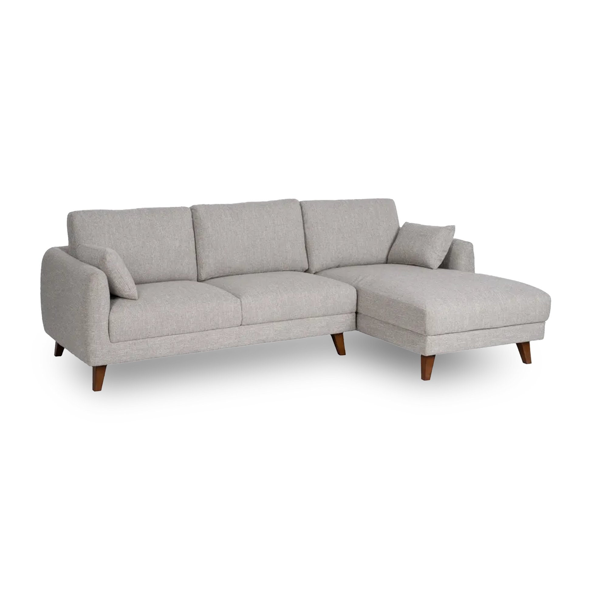Fabio Chaise Longue Sofa Grey Weave-Wood with right-hand chaise, soft fabric, and wooden legs, 240 x 155 cm