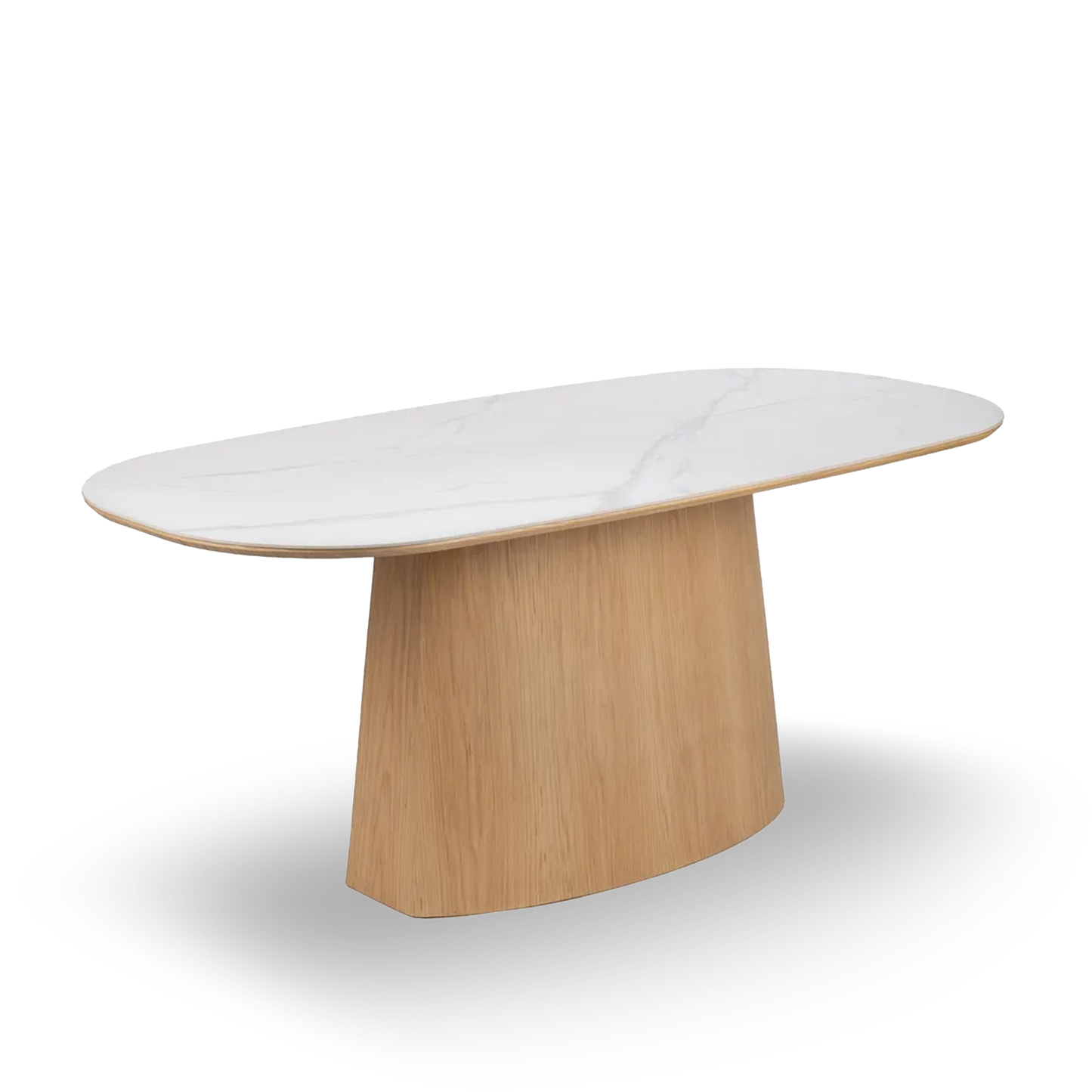 Carlos Dining Table White-Natural with oval white ceramic top and sculpted wood base, 180 cm