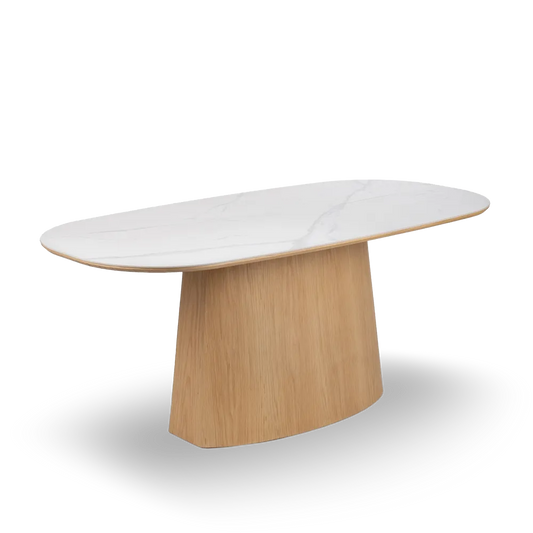 Carlos Dining Table White-Natural with oval white ceramic top and sculpted wood base, 180 cm
