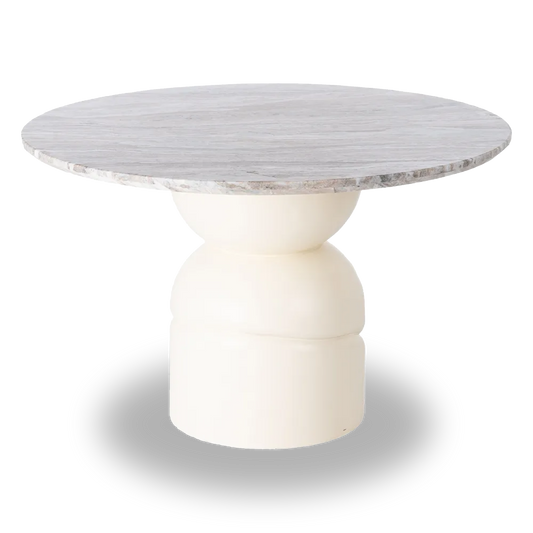Biel Dining Table Marble/Wood with round marble top and sculptural cream wood base, 120 cm