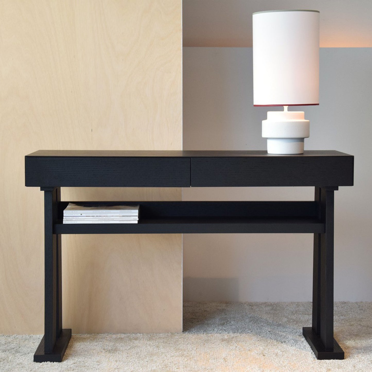 Jorge Oak Console Table in Black with two drawers, matte finish, and open shelf