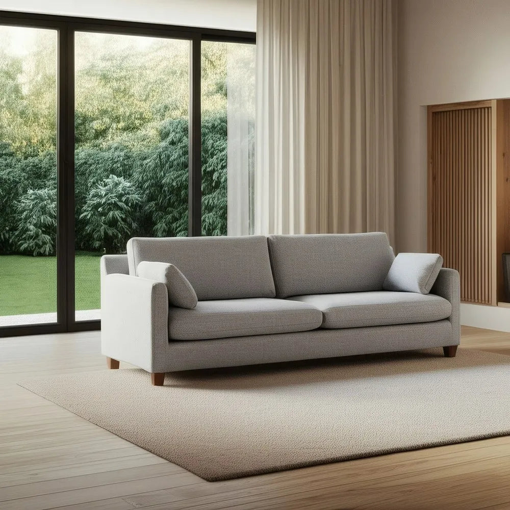 Fernando 3 Seater Sofa Grey Weave-Wood with minimalist frame, soft grey fabric and wood legs, 221 cm
