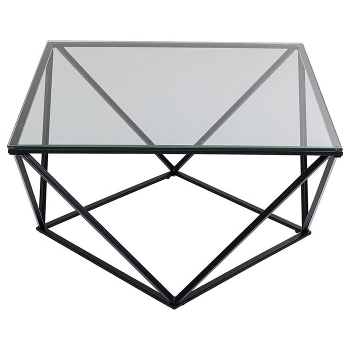 SNOOPY Graphite Coffee Table with smoked glass top and bold geometric black metal frame.