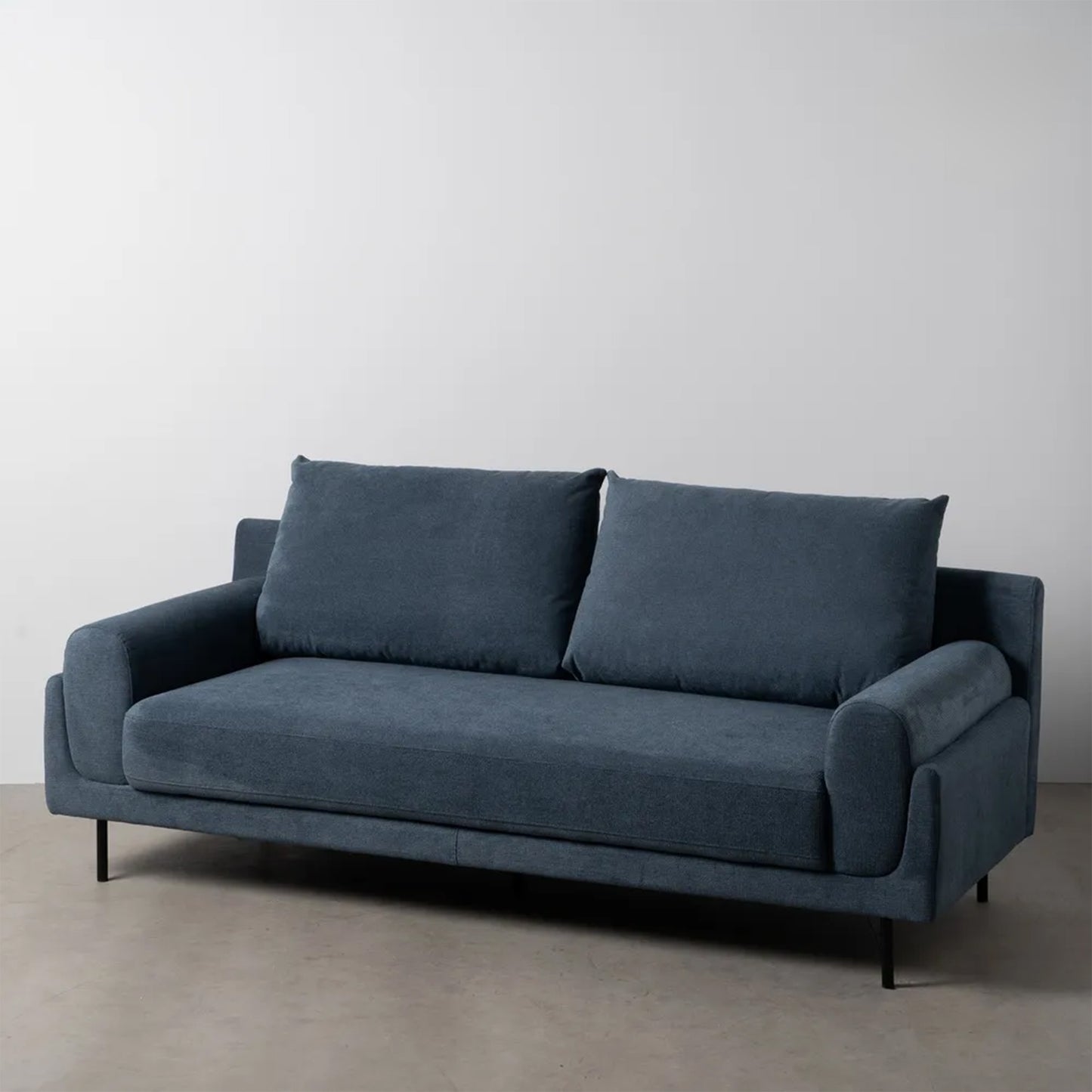 Hugo 3 Seater Sofa Blue Fabric-Metal with deep cushions, rounded arms, and slim black legs, 216 cm