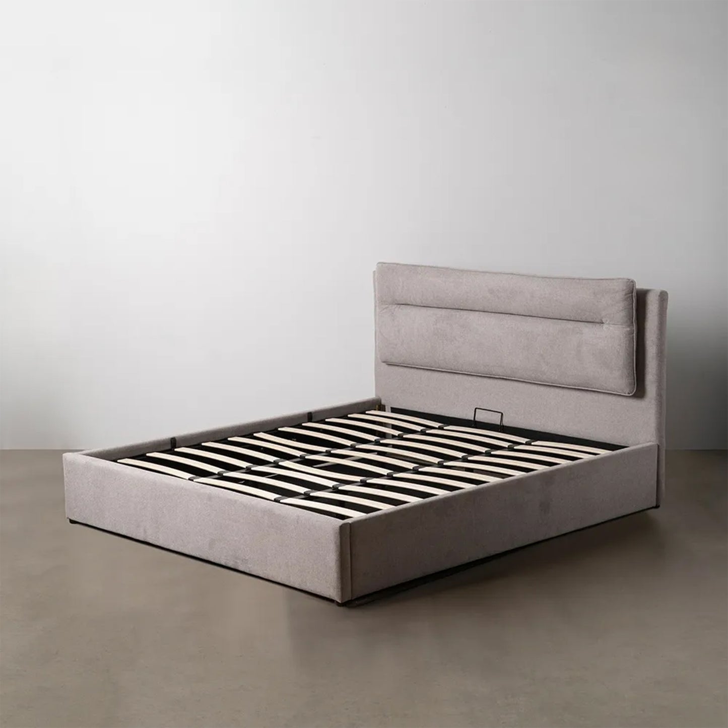 Pol grey upholstered storage bed with high padded headboard and lift-up slatted base