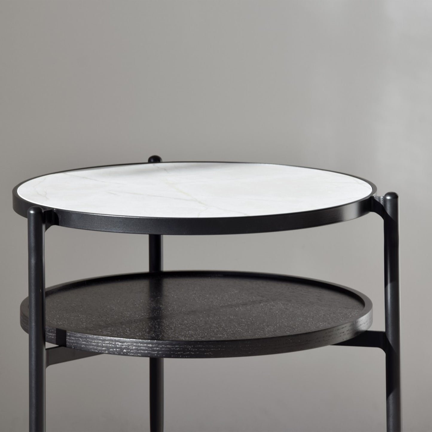 Neizan Side Table Black and White with ceramic top, black oak shelf, and matte black metal legs