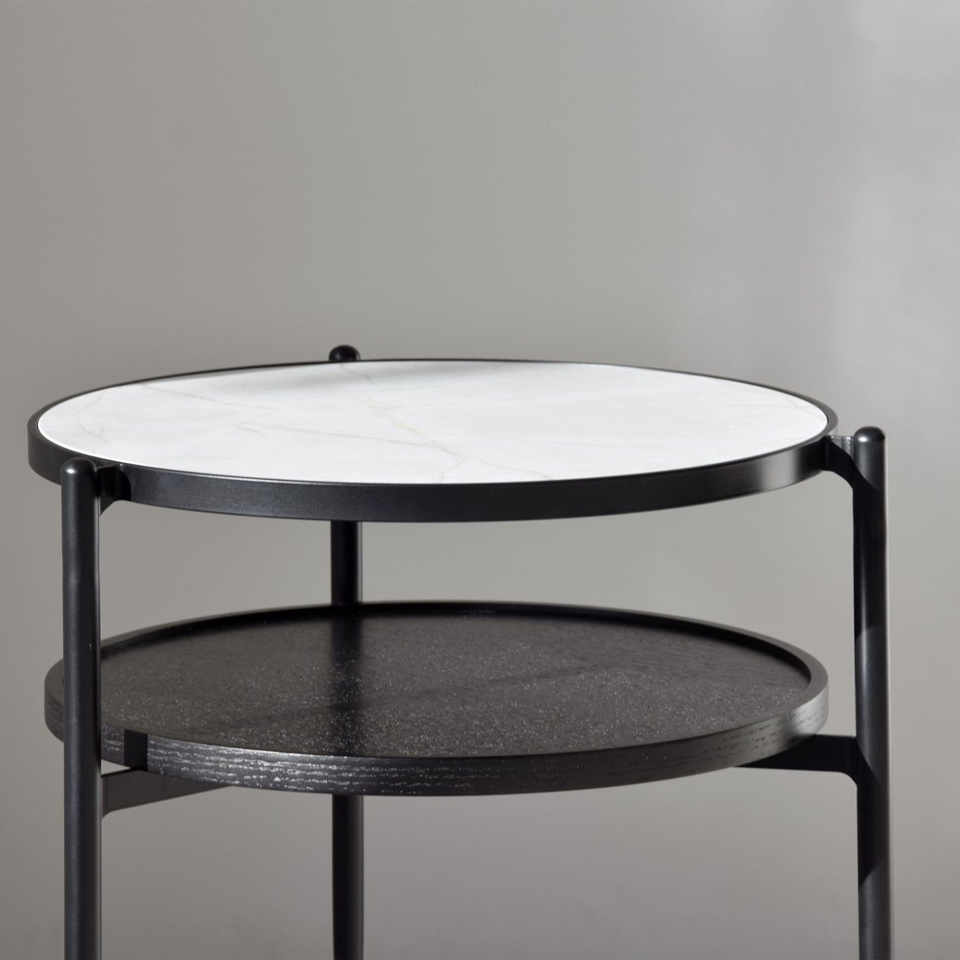Neizan Side Table Black and White with ceramic top, black oak shelf, and matte black metal legs