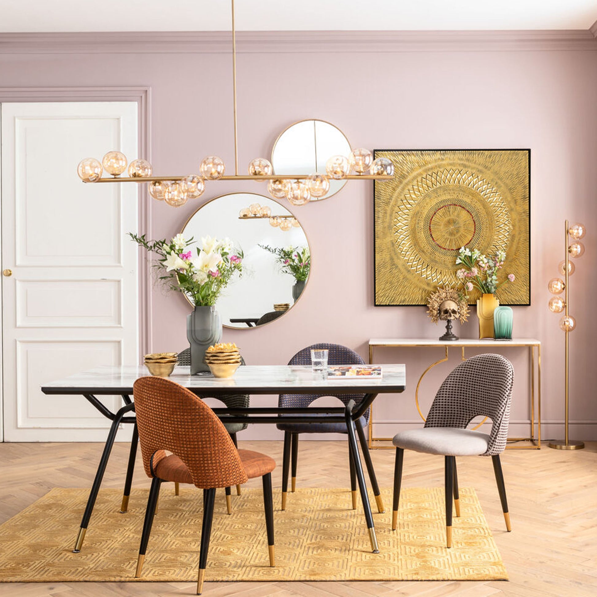 HARRY Orange Chair with textured fabric and gold-accented black legs