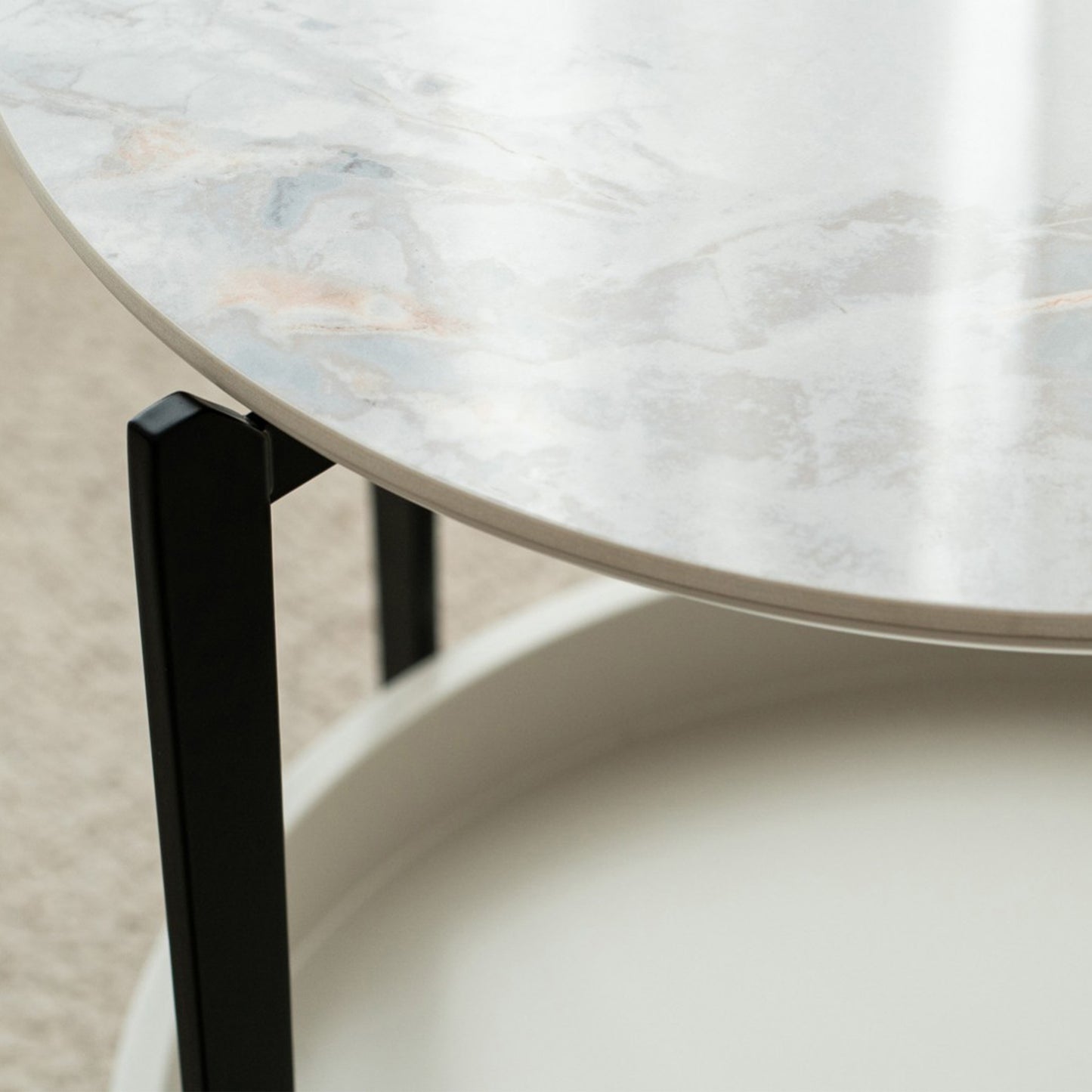 Nicolas Metal and Ceramic Marble Side Table with white marble top and matte grey shelf