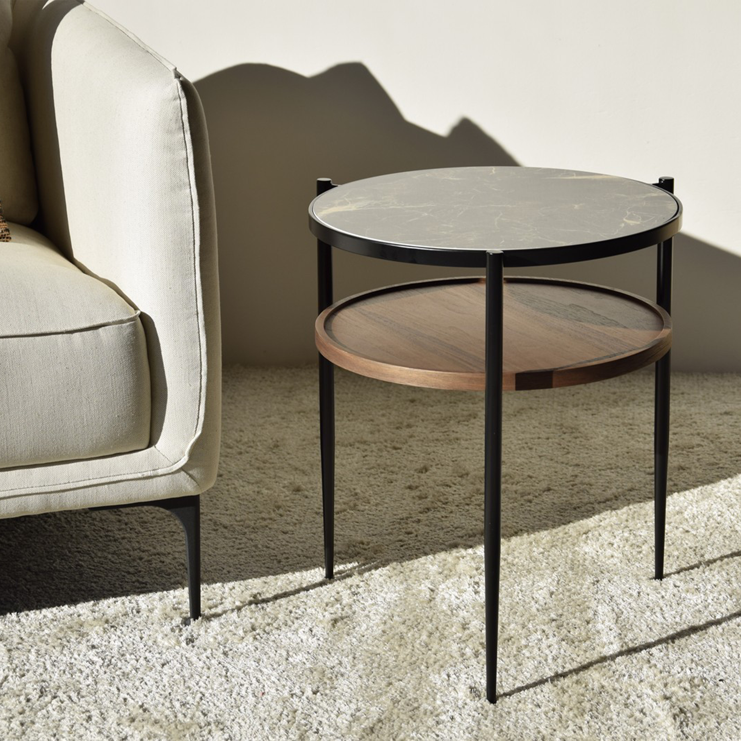 Nico Metal and Ceramic Marble Side Table with walnut shelf and matte black frame