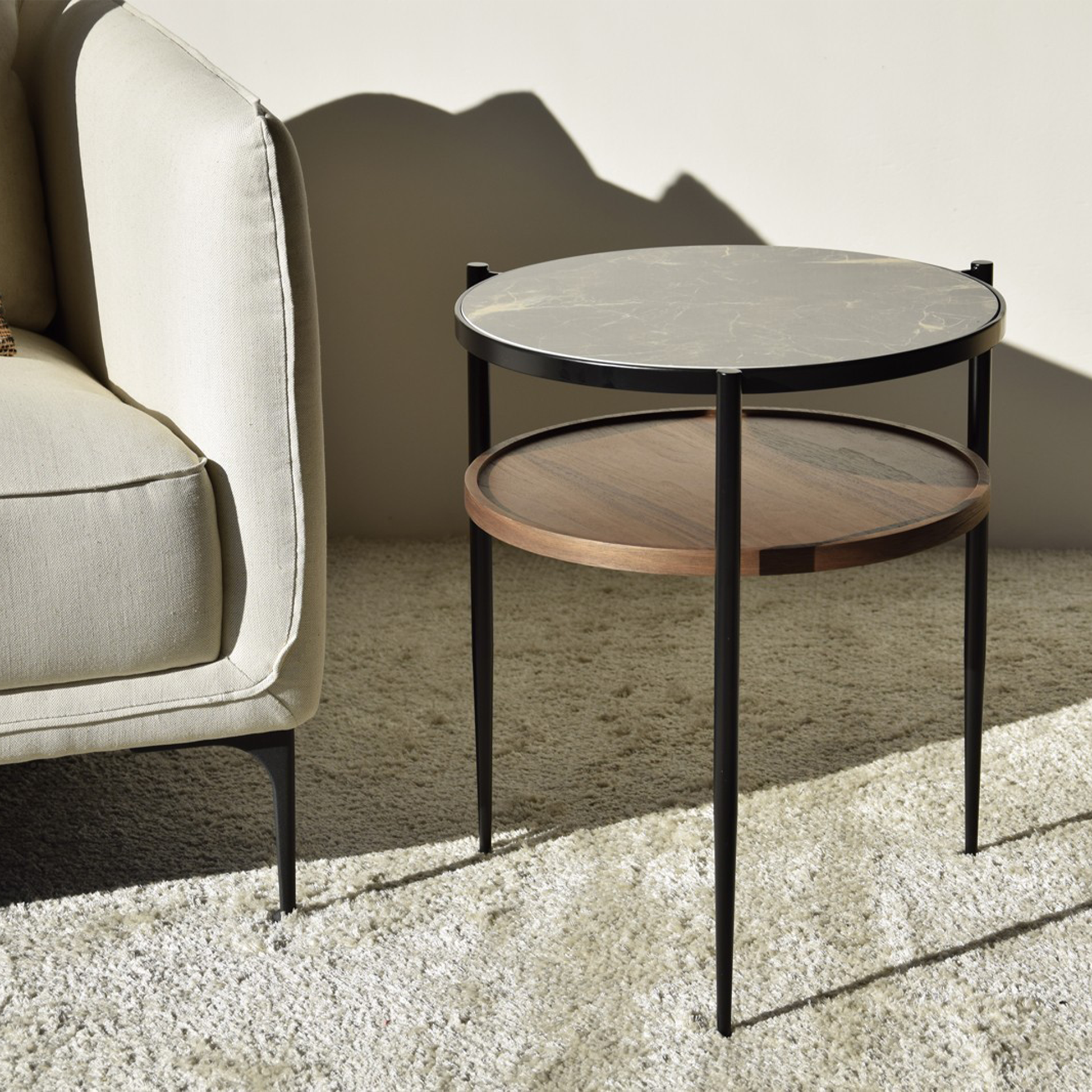 Nico Metal and Ceramic Marble Side Table with walnut shelf and matte black frame