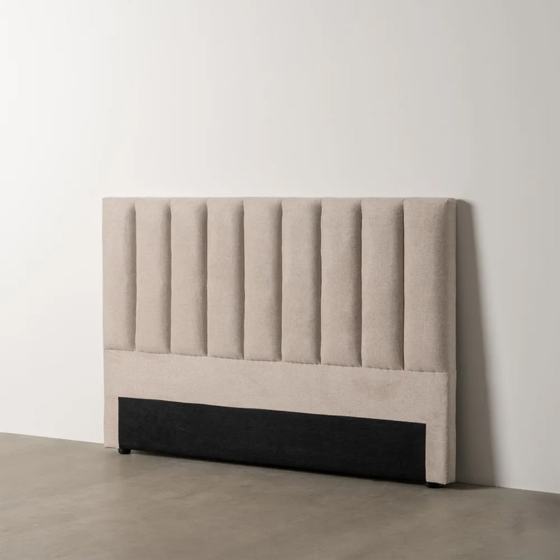 Xavier beige fabric headboard with vertical panels and black base, 160 cm wide for double or queen-sized beds