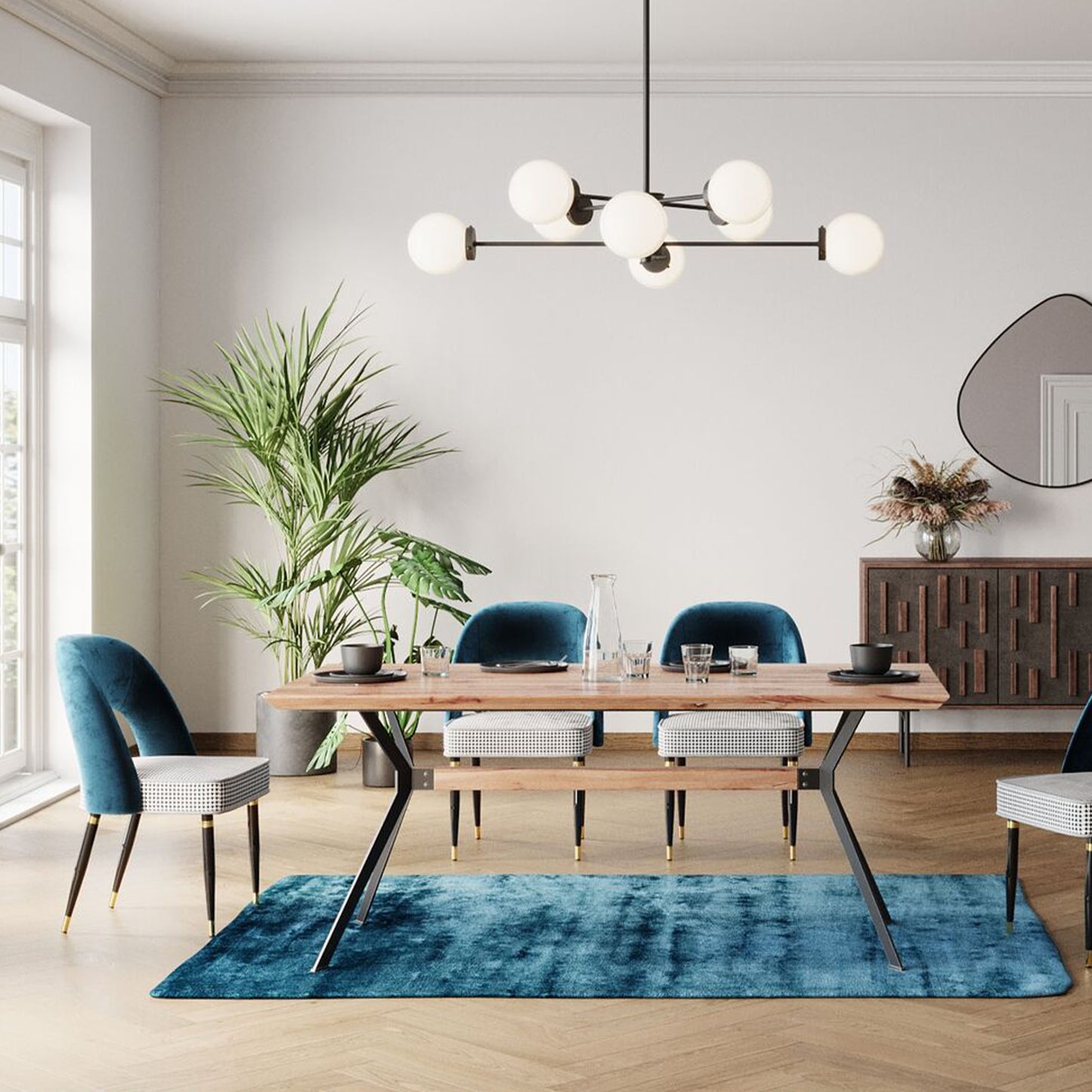ELLEN Bluegreen Chair with velvet backrest and houndstooth seat cushion