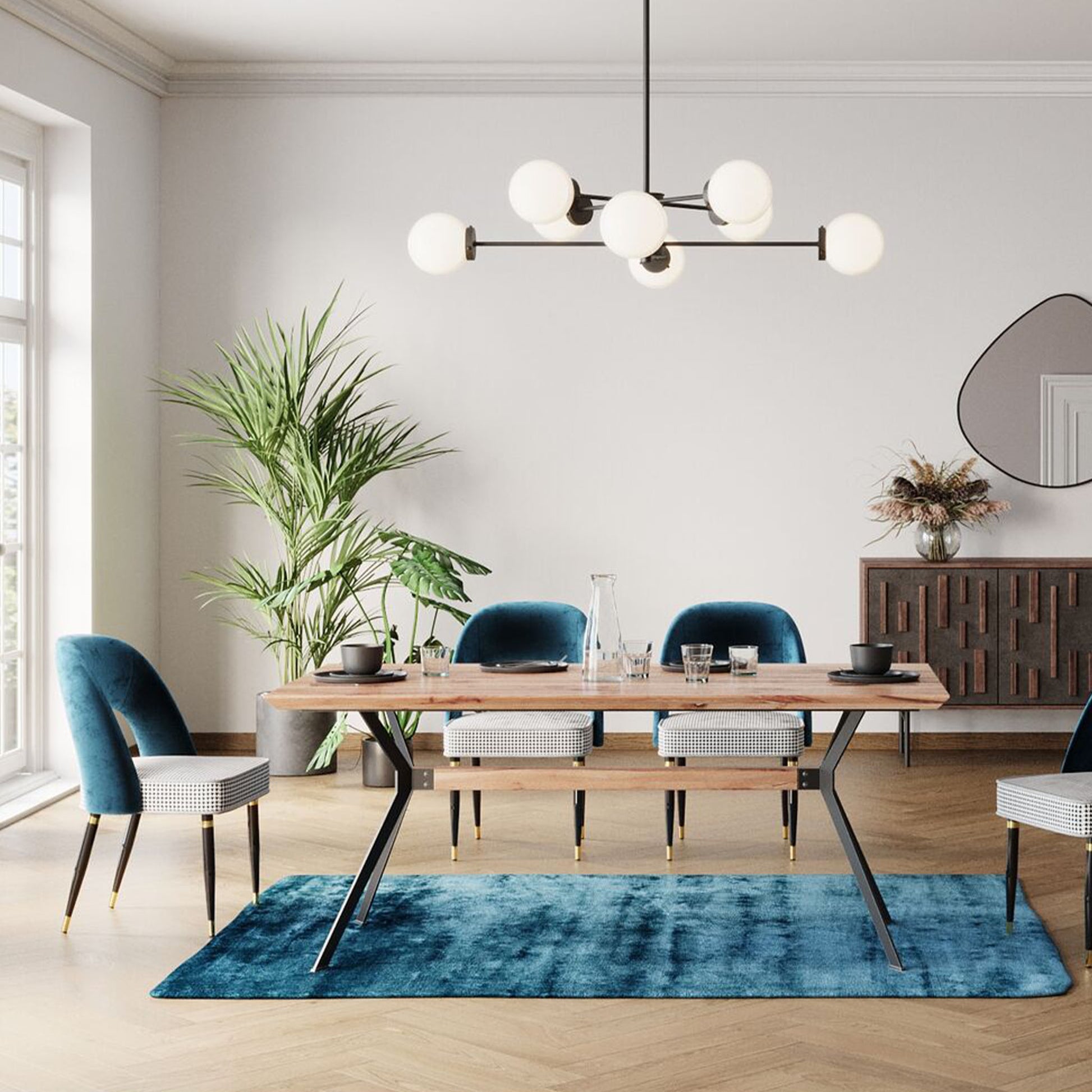 ELLEN Bluegreen Chair with velvet backrest and houndstooth seat cushion
