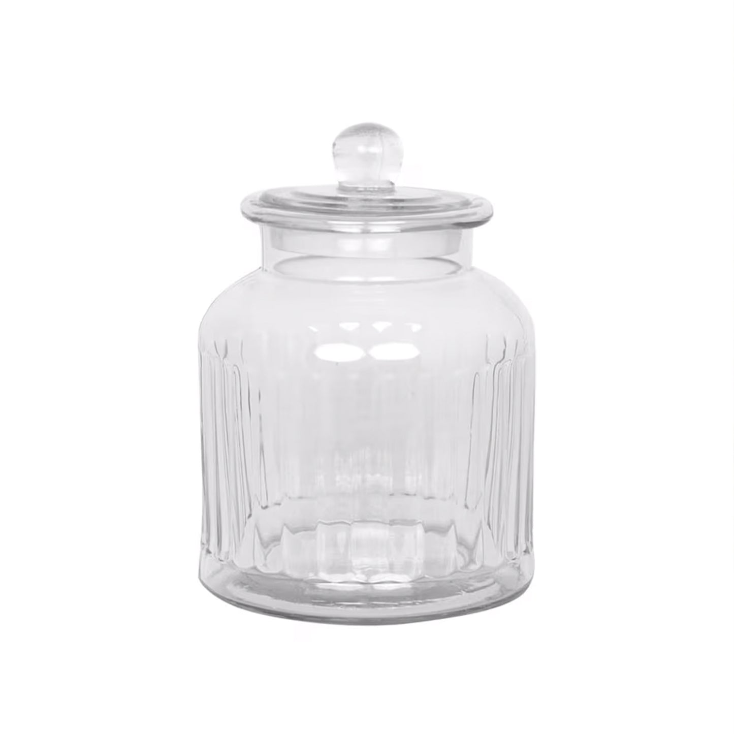 Vera Glass Jar Set – clear ribbed glass storage jars with elegant lids, available in small, medium, and large sizes.