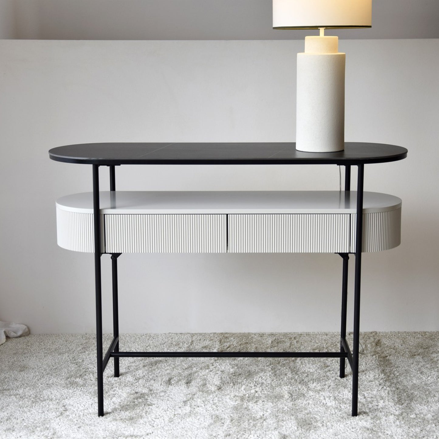 Izan Sintered Stone Black Console Table with ribbed drawer and black matte metal frame