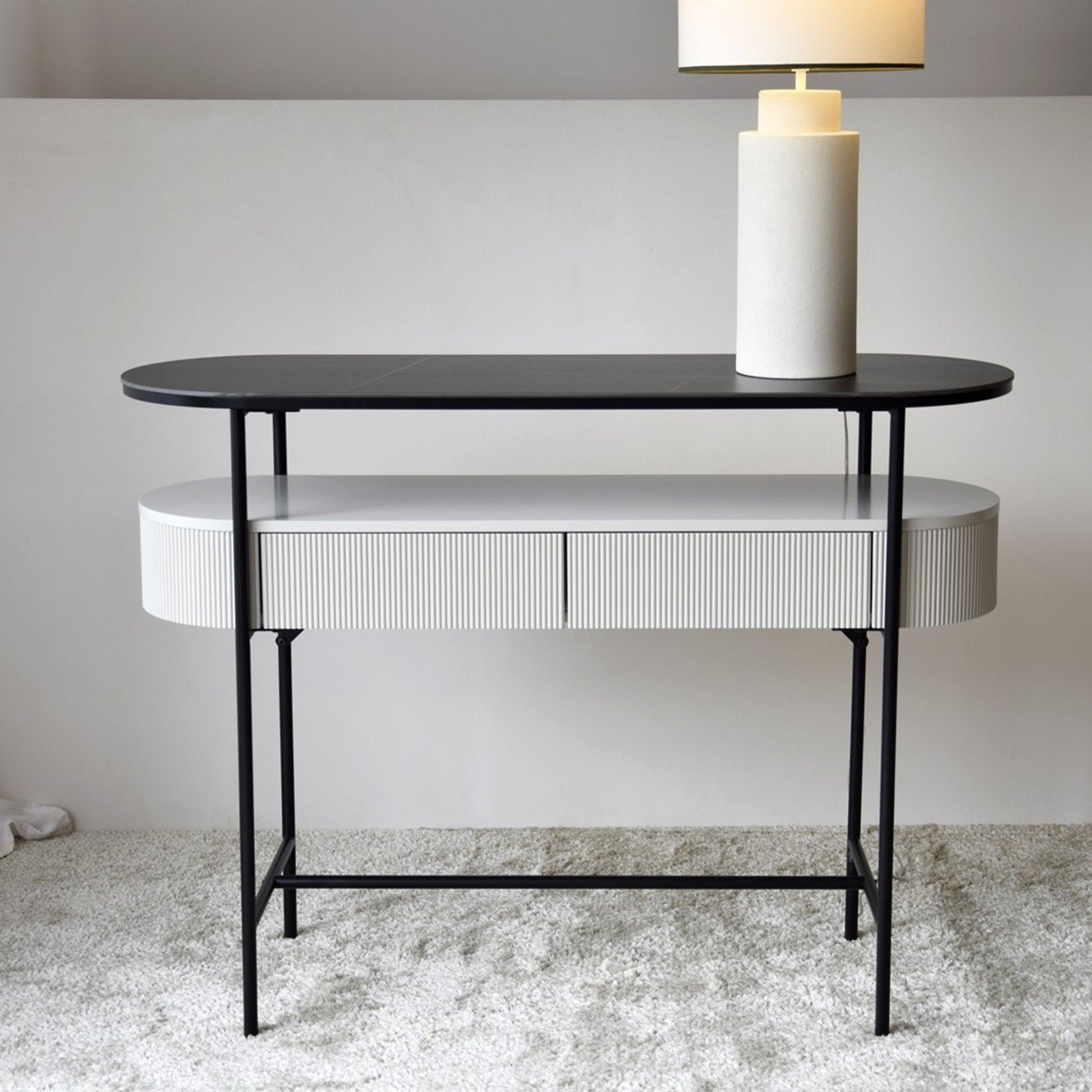 Izan Sintered Stone Black Console Table with ribbed drawer and black matte metal frame