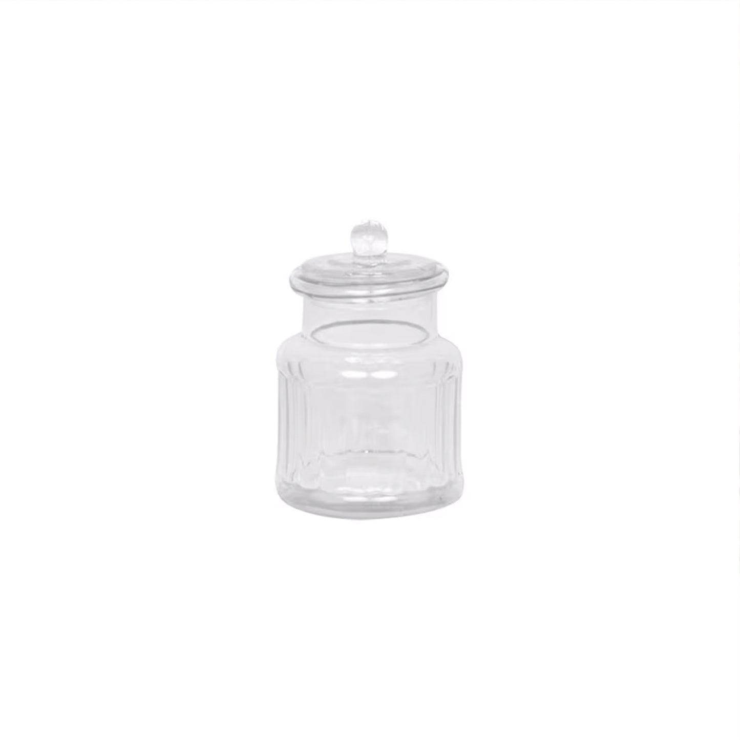 Vera Glass Jar Set – clear ribbed glass storage jars with elegant lids, available in small, medium, and large sizes.