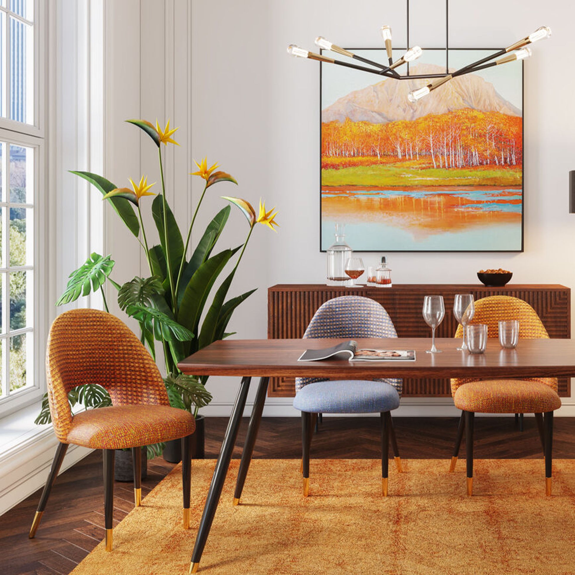 HARRY Orange Chair with textured fabric and gold-accented black legs