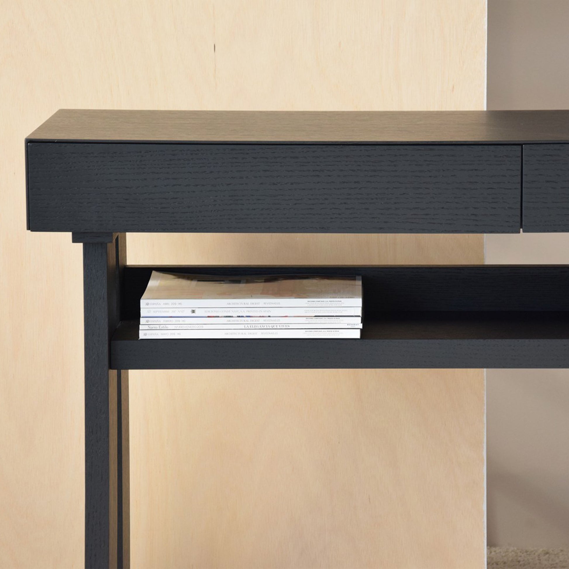 Jorge Oak Console Table in Black with two drawers, matte finish, and open shelf