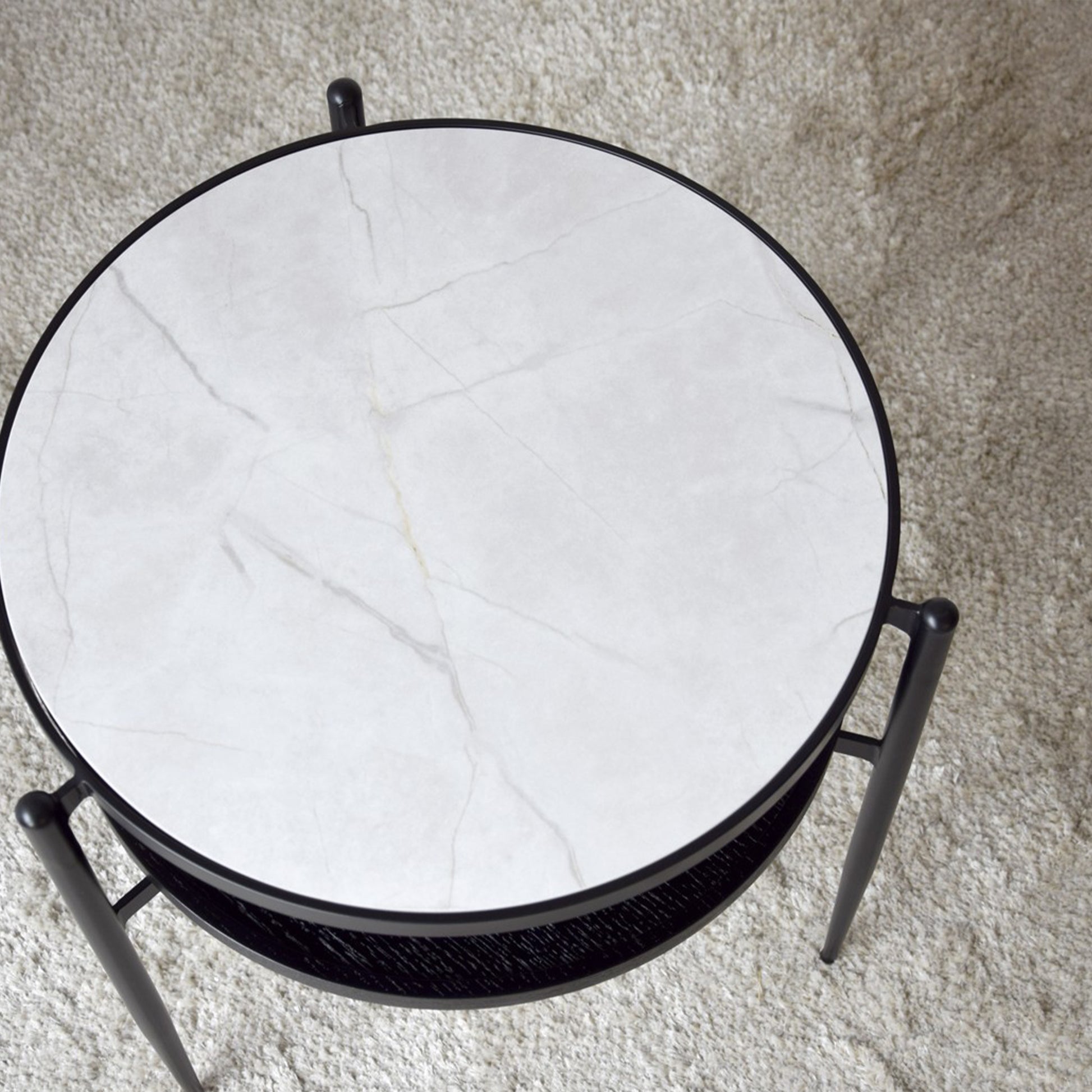 Neizan Side Table Black and White with ceramic top, black oak shelf, and matte black metal legs
