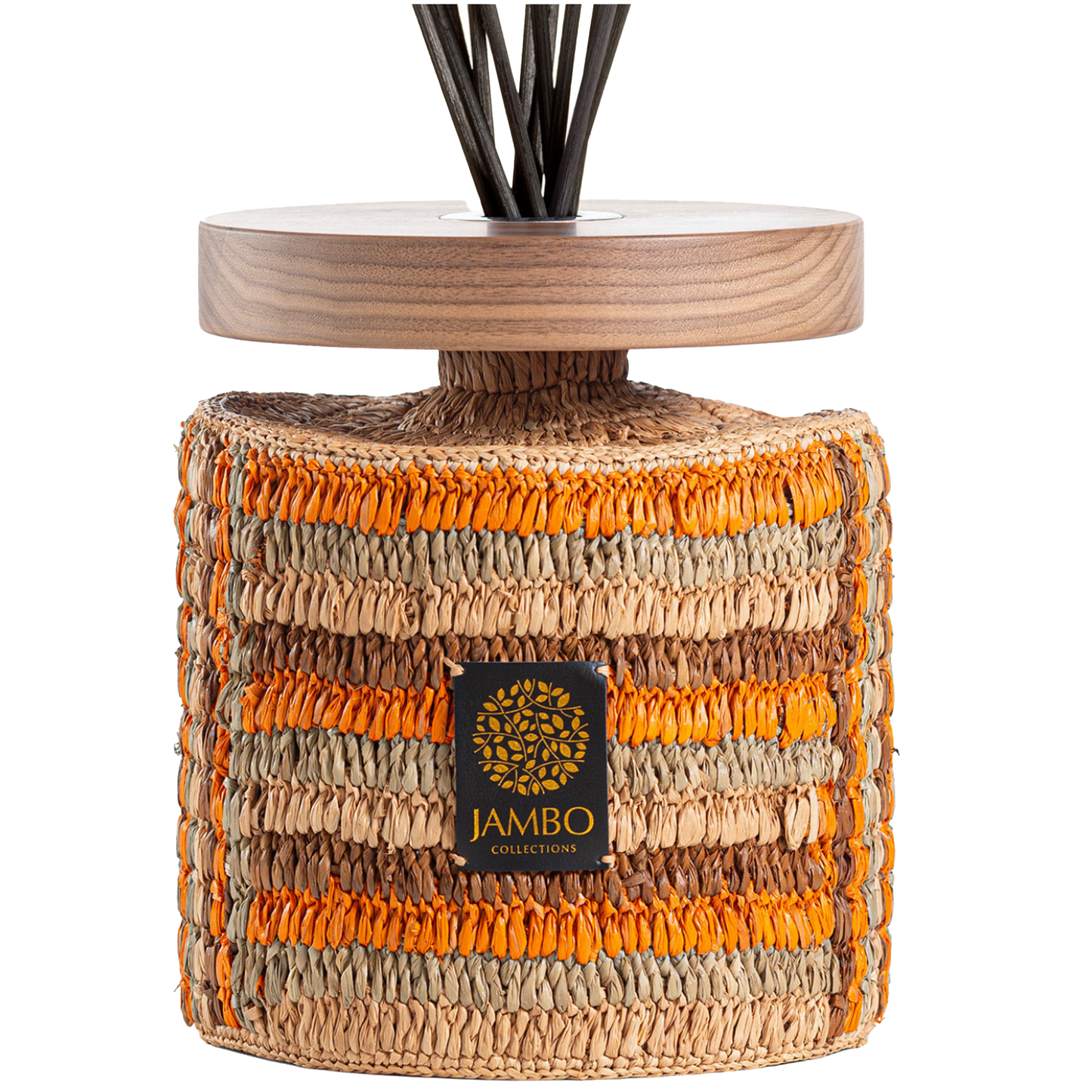 MASOALA Raffia Diffuser from Jambo Exclusivo – natural woven diffuser with vanilla, plum, and cedarwood notes.