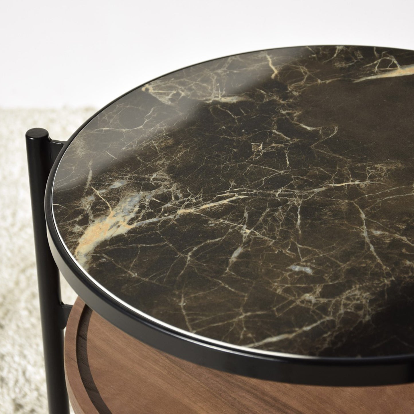 Nico Metal and Ceramic Marble Side Table with walnut shelf and matte black frame