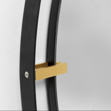 Round wall ARIANA mirror with black metal frame and gold accents, 90cm diameter.