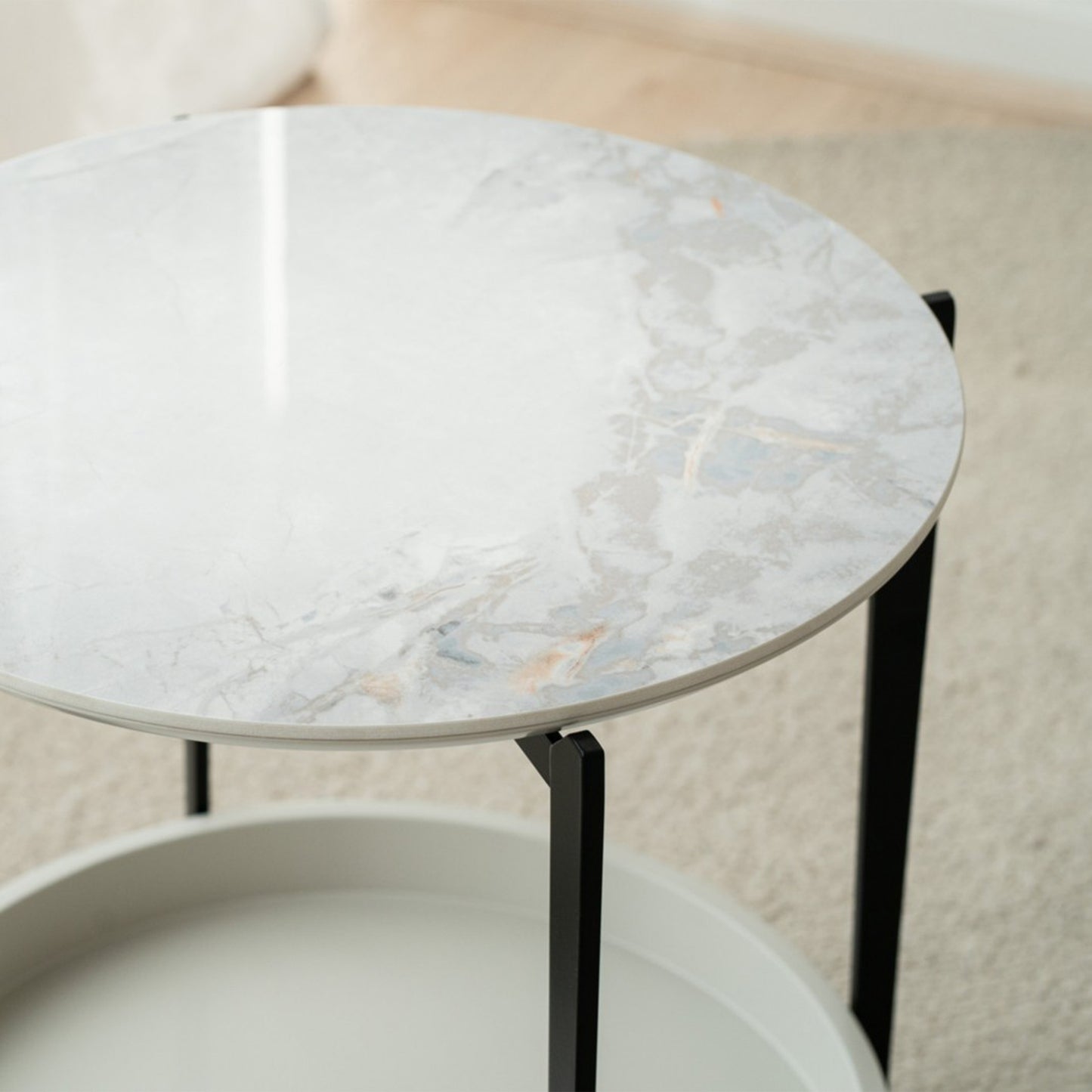 Nicolas Metal and Ceramic Marble Side Table with white marble top and matte grey shelf