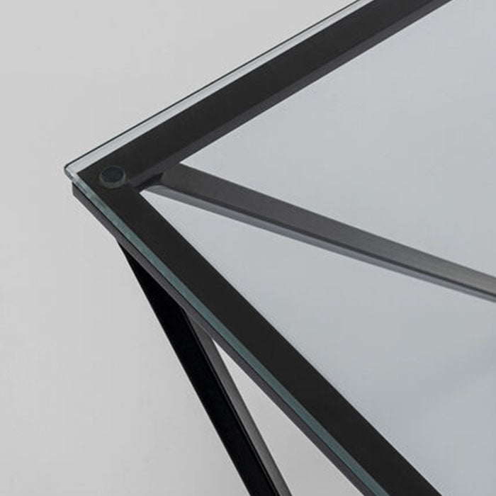 SNOOPY Graphite Coffee Table with smoked glass top and bold geometric black metal frame.