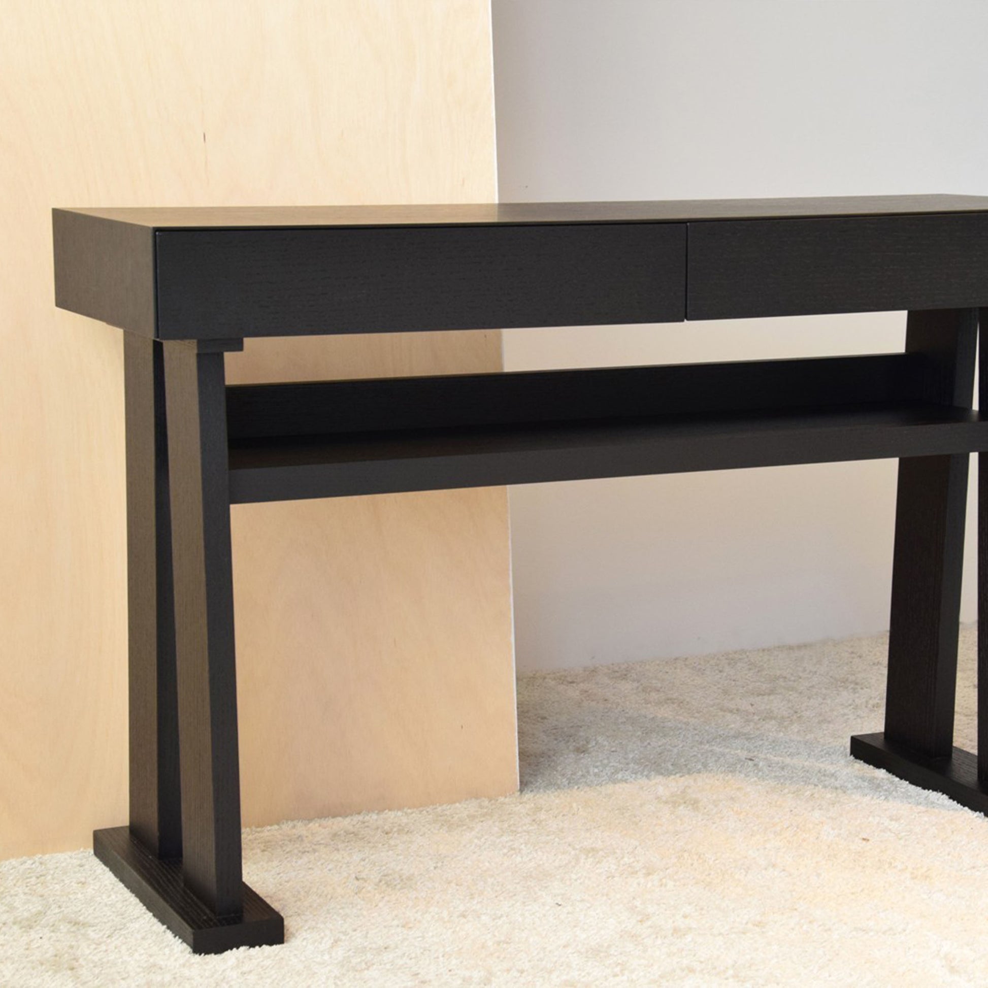 Jorge Oak Console Table in Black with two drawers, matte finish, and open shelf