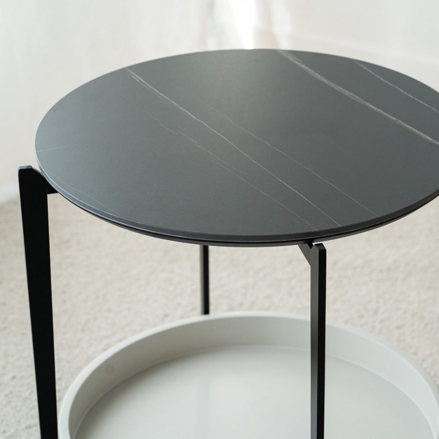 Miguel Side Table with matte black metal legs and grey ceramic marble top