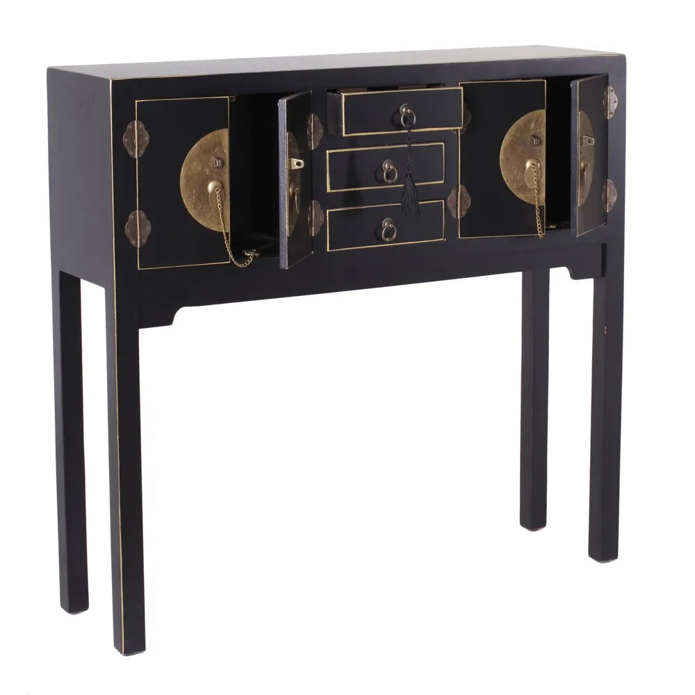 Alejandra black console table with brass handles, 4 doors and 3 drawers