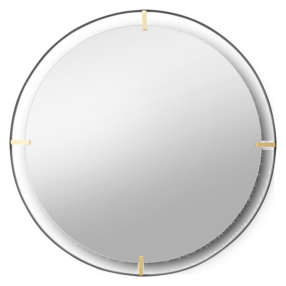 Round wall ARIANA mirror with black metal frame and gold accents, 90cm diameter.