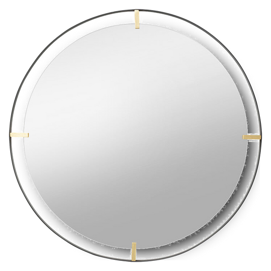Round wall ARIANA mirror with black metal frame and gold accents, 90cm diameter.