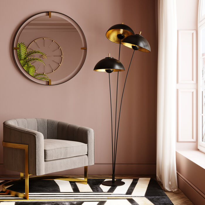 Round wall ARIANA mirror with black metal frame and gold accents, 90cm diameter.