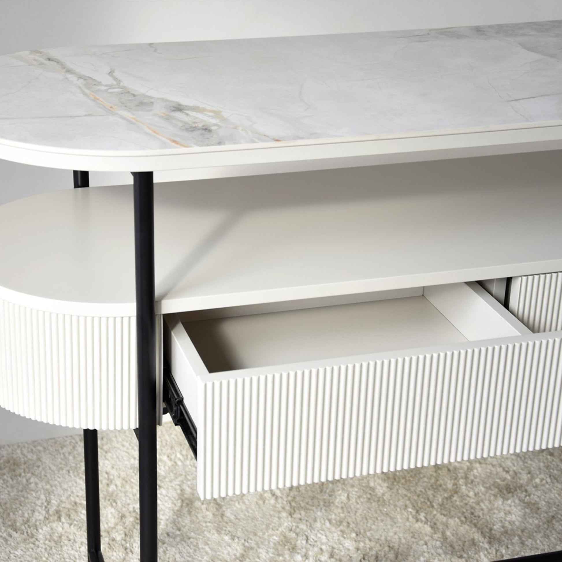 Javier White Ceramic Console Table with black metal frame and grooved drawer front