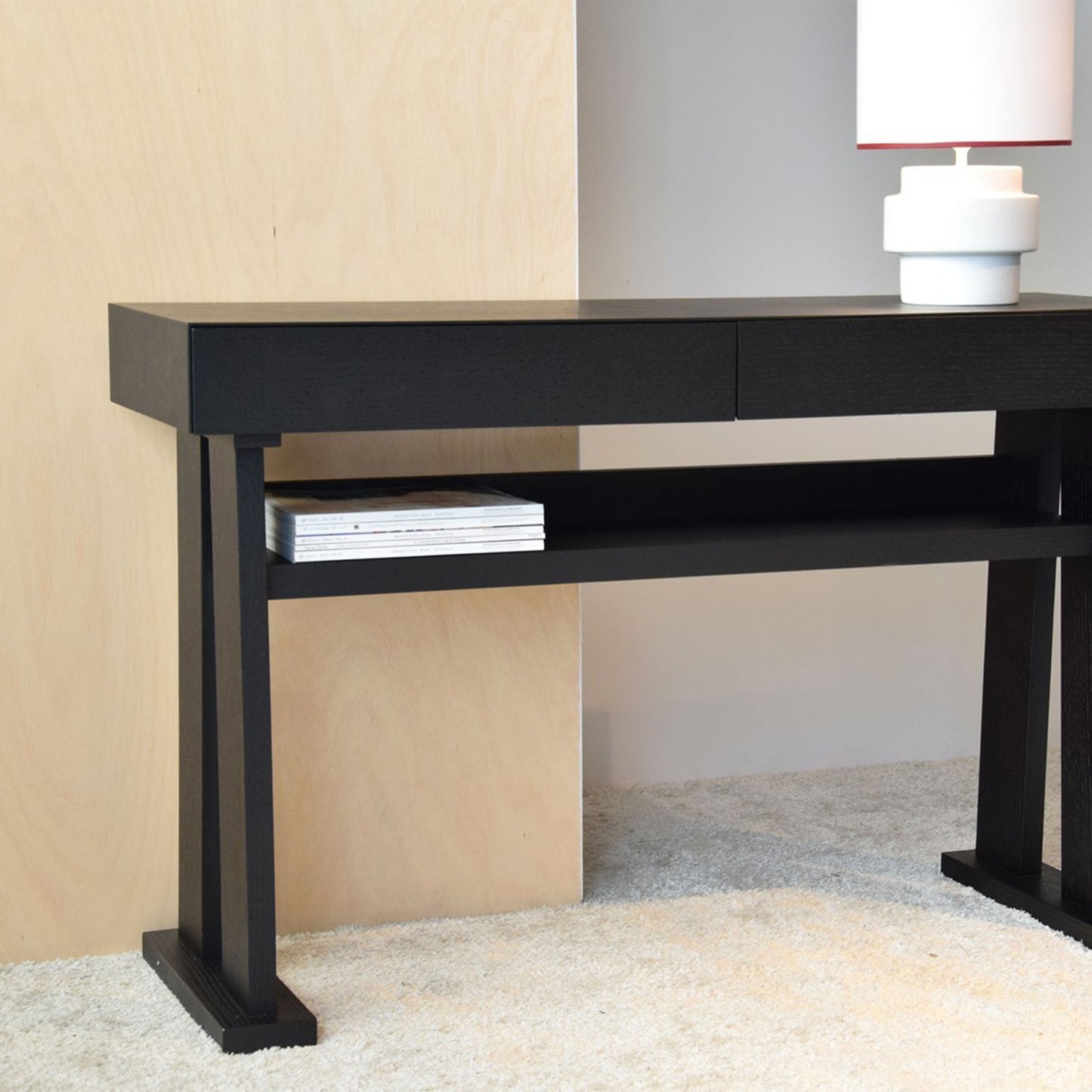 Jorge Oak Console Table in Black with two drawers, matte finish, and open shelf