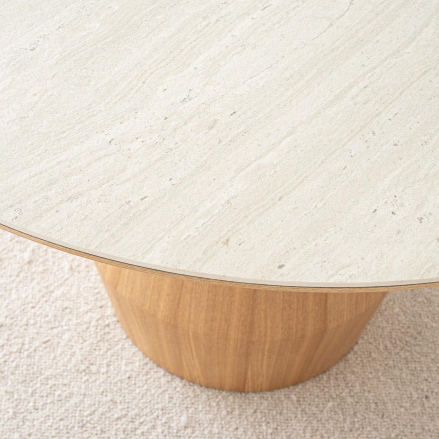 Mateo round dining table with ceramic marble top and natural ash wood conical base