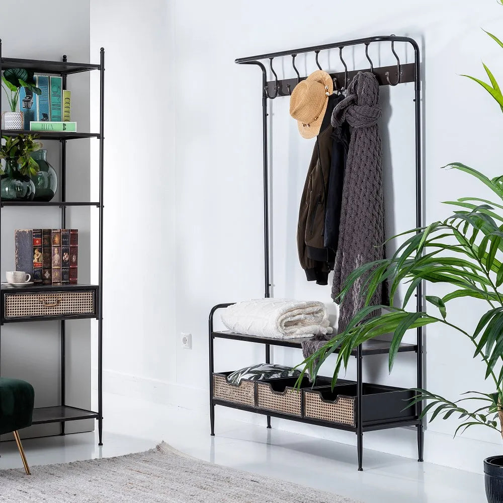 Lucas black and brown industrial coat rack with bench and woven storage drawers