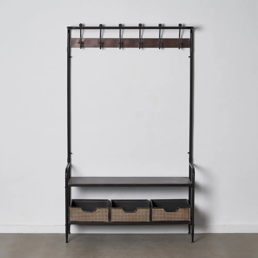 Lucas black and brown industrial coat rack with bench and woven storage drawers
