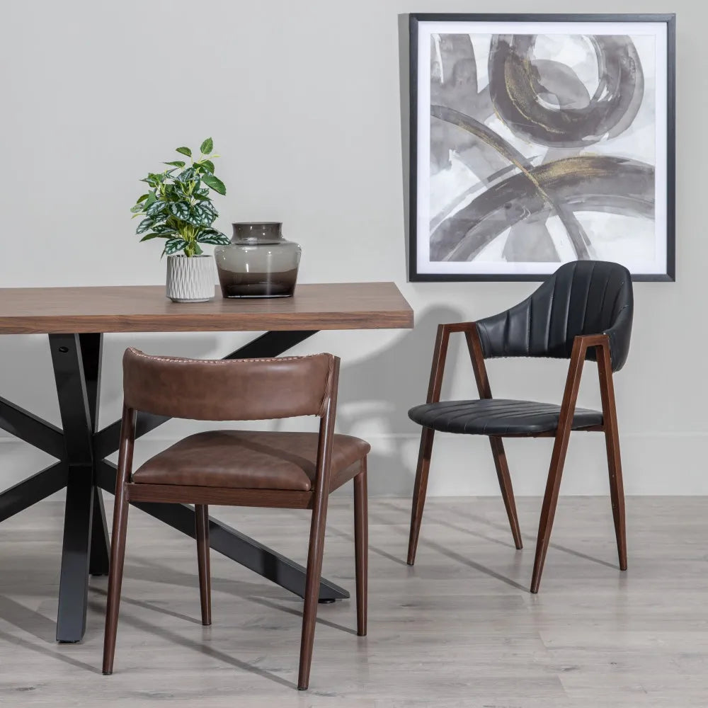 Diego Dining Table Brown-Black with wood-look MDF top and black star-shaped metal base, 160 x 90 cm
